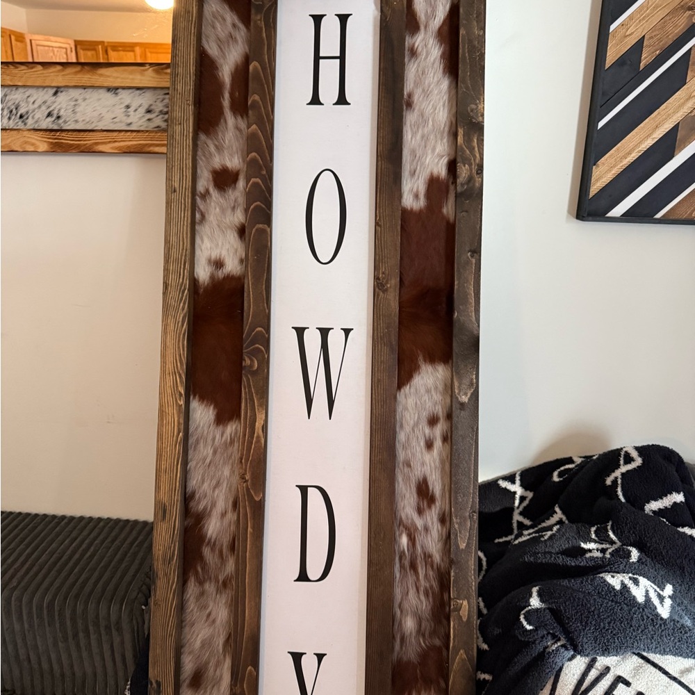 Rustic Howdy Vertical Wall Sign with Real Cowhide